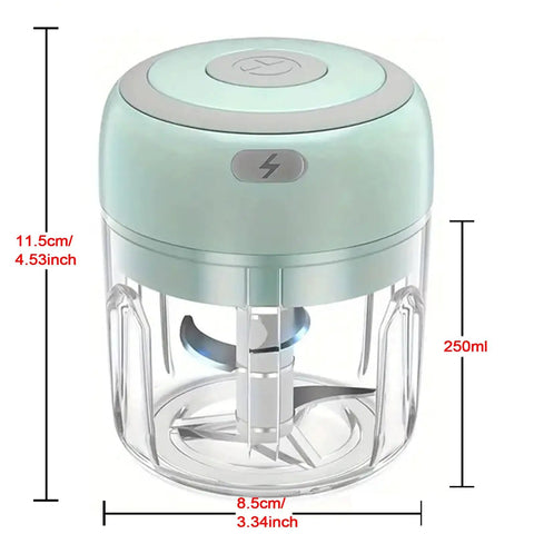 Compact Electric Mini Vegetable Chopper, USB Rechargeable Garlic Slicer And Onion Dicer, 250ml capacity with stainless blades.