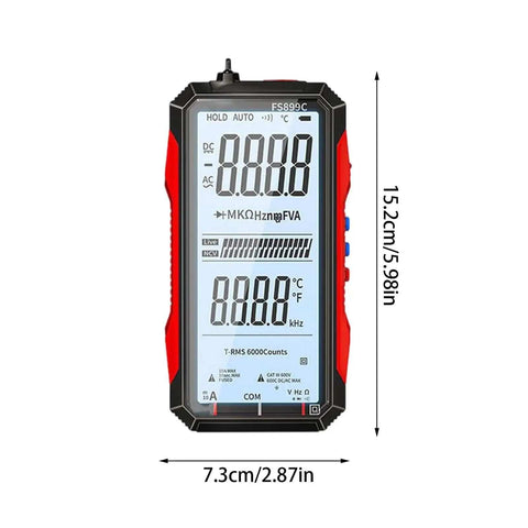 USB Rechargeable Digital Multimeter With Large Color Screen And Backlight, Pro Grade Electrical Tester front view, dimensions shown