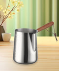 Turkish Warmer Coffee Pot Frothing Pitcher 1000ml Stainless Steel Milk Warmer Teapot on wooden table