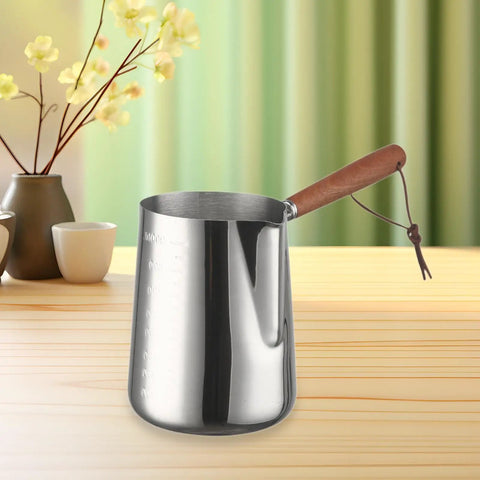 Turkish Warmer Coffee Pot Frothing Pitcher 1000ml Stainless Steel Milk Warmer Teapot on wooden table