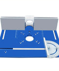 Aluminum Router Table Lift Kit With Knucklehead Proof Calibration And Reinforced Insert Plate Base, blue platform with measuring angles.