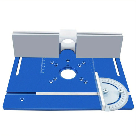 Aluminum Router Table Lift Kit With Knucklehead Proof Calibration And Reinforced Insert Plate Base, blue platform with measuring angles.