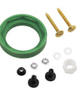 3 Inch Toilet Tank To Bowl Coupling Kit with green gasket, bolts, nuts, black lock rings, and washers for tight leak-free connection.