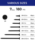 Badass Black Wood Screw Assortment Kit With Phillips Flat Head And Coarse Cut Threads, Tough As Nails Carbon Steel Fasteners With No Sweat Rust Protection, Heavy Duty Pro Pack For Deck And Framing Jobs, 180 Piece Set showing various sizes with counts.