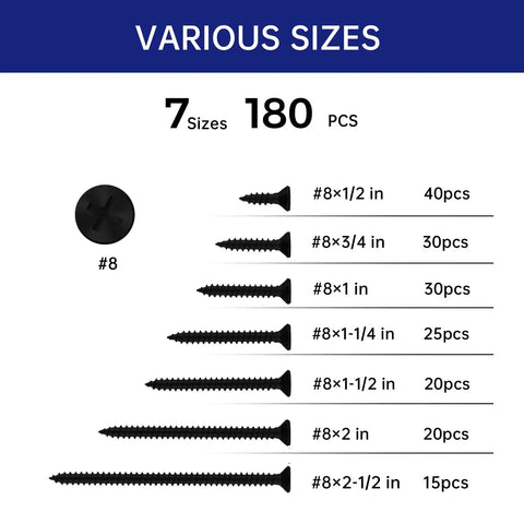 Badass Black Wood Screw Assortment Kit With Phillips Flat Head And Coarse Cut Threads, Tough As Nails Carbon Steel Fasteners With No Sweat Rust Protection, Heavy Duty Pro Pack For Deck And Framing Jobs, 180 Piece Set showing various sizes with counts.