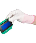Hand wearing a glove holding a Drop In Lcd Display Board That Clips Right Onto Most Manitowoc Ice Units.