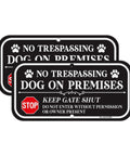 Badass Yard Setup 12 X 6 Inch No Trespassing Dog On Premises Sign 2 Pack Heavy Aluminum with black background and reflective lettering.