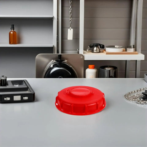 Two Pack Red Abs Ibc Tank Lid Covers With Vent Valves For Easy Pouring Pressure Control Breathable Design on a countertop.
