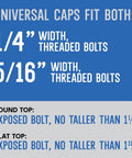Universal Fit Tall Toilet Bolt Caps Fit 1/4 Inch Or 5/16 Inch Bolts, diagram showing fitting sizes and bolt height limits