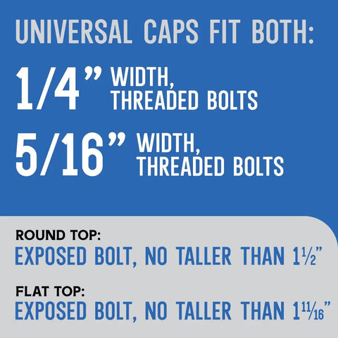 Universal Fit Tall Toilet Bolt Caps Fit 1/4 Inch Or 5/16 Inch Bolts, diagram showing fitting sizes and bolt height limits