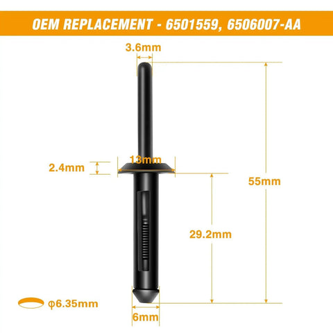 Badass 60 Piece Auto Body Trim Pack With Fender Flare Clips And Rocker Molding Retainers For Jeep Wrangler Chrysler Ford Rig Plus Slick Fastener Puller Tool, detailed measurements of a black rivet clip.