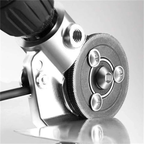 Close-up of Heavy Duty Drill Nibbler Sheet Metal Cutter Attachment for Electric Drills cutting steel with smooth burr-free edges