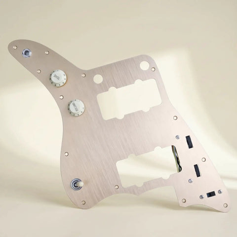 Prewired Pickguard Assembly With Knobs And Toggle Wiring Harness Aluminum Plate Retro Offset Layout For DIY Luthiers Ready To Install Control Panel Scratch Plate Solder Time Saver brushed aluminum with knobs and toggle