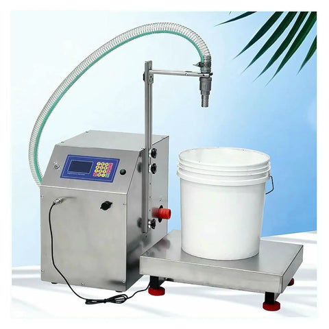 Pro Level Automatic Liquid Filling And Honey Bottling Machine With Zero Sweat Digital Controls And Tough As Nails Diaphragm Pump For Wine Packaging Operations with control panel and bucket.