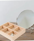 Six Compartment Wood Jewelry Tray With Multi Grid Layout For Rings And Bracelets Rustic Countertop Trinket Dish on a desktop.