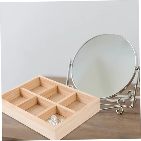 Six Compartment Wood Jewelry Tray With Multi Grid Layout For Rings And Bracelets Rustic Countertop Trinket Dish on a desktop.