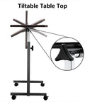 Smooth Rollin Mobile Adjustable Height Portable Computer Desk With Lockable Casters For Top Tier Home Office Standing Laptop Workstation Dark Wood Finish, tilted table top and adjustable height feature.