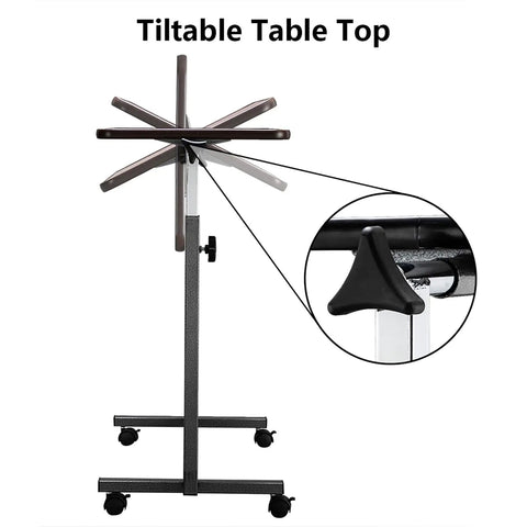 Smooth Rollin Mobile Adjustable Height Portable Computer Desk With Lockable Casters For Top Tier Home Office Standing Laptop Workstation Dark Wood Finish, tilted table top and adjustable height feature.