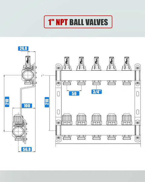 Technical diagram of Two Loop Radiant Floor Heating Manifold For PEX Tubing with measurements and 1 inch NPT ball valves.