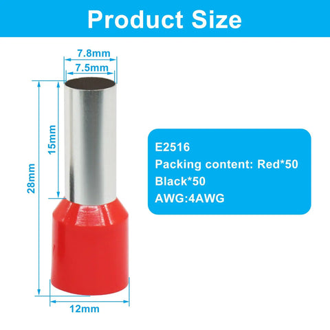 100 Pcs Wire Ferrules 4 AWG Copper Insulated Crimp Connectors E2516 Kit, dimensions and specifications shown