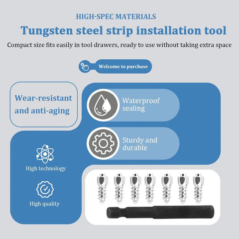 Tungsten steel strip installation tool with screws, compact size, waterproof sealing, high quality for easy tire stud application.