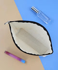 Open view of Geocaching Themed Makeup Bag For Women, Outdoor Treasure Hunter Gift, double-sided print cosmetic bag, beige interior.