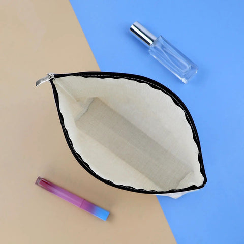 Open view of Geocaching Themed Makeup Bag For Women, Outdoor Treasure Hunter Gift, double-sided print cosmetic bag, beige interior.