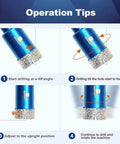 Blue 1-inch dry diamond core drill bit infographic showing four-step drilling tips
