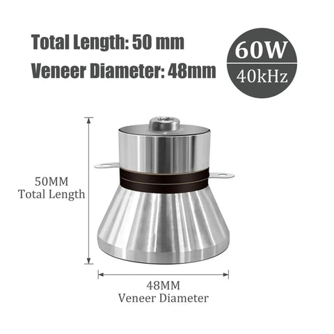 Top Shelf 40KHz 60W Ultrasonic Transducer Rock Solid Generator For Industrial Cleaners Piezoelectric Module, 50mm long, 48mm diameter.