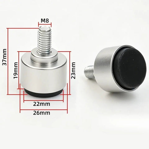 Four M8 Thread Adjustable Furniture Levelers Feet Silver Finish showing detailed measurements and smooth threading