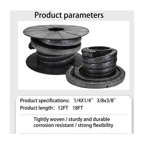 Front view of black flexible graphite braided packing rope on spools; different diameters visible.