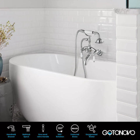 Polished Chrome Clawfoot Tub Faucet With Wall Mount and Handheld Shower, Double-Handle Tub and Shower Mixer, solid brass