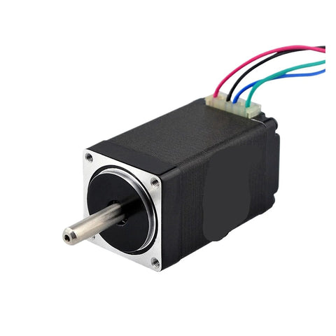 NEMA 11 stepper motor, 28x28x51 mm, black housing, front shaft, mounting flange, 4-wire connector
