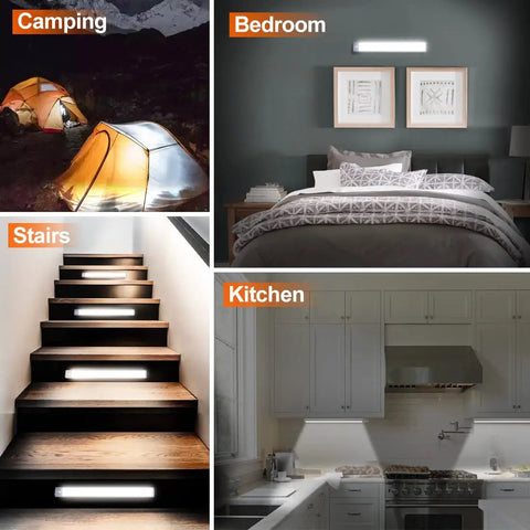Motion Sensor Closet Light Set With 54 LEDs Ultra Thin Magnetic Under Cabinet Lighting 2500mAh Rechargeable Battery 350 Lumens Wireless Night Lights for versatile areas like camping, bedroom, stairs, and kitchen.