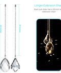 Crystal Glass Ceiling Fan Pull Chain Set, 2 Pack With 20 Inch Extensions, showing clear crystal pendants and detailed measurements.