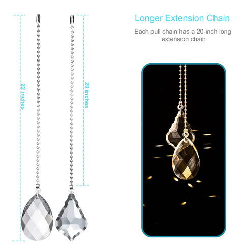 Crystal Glass Ceiling Fan Pull Chain Set, 2 Pack With 20 Inch Extensions, showing clear crystal pendants and detailed measurements.