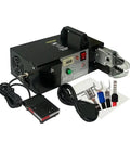 Pro Grade Electrical Terminal Crampinmg Machine Includes 7 Interchangable Dies For Handling Pr Insulated, Bare, & Spring Termlinals with side view.