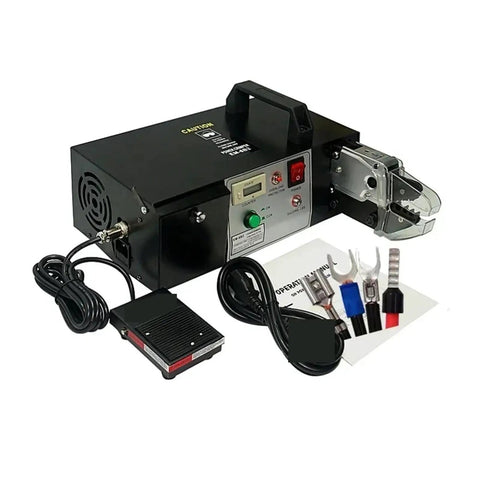 Pro Grade Electrical Terminal Crampinmg Machine Includes 7 Interchangable Dies For Handling Pr Insulated, Bare, & Spring Termlinals with side view.