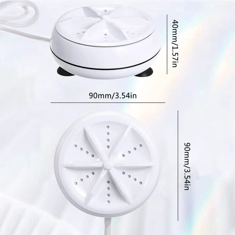 Portable USB Powered Mini Washer with Ultrasonic Turbine Technology, white, 90mm diameter, suitable for travel and dorm rooms