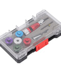 Fabater High Speed Adjustable Electric Wire Stripper Bit Set in clear case with five aluminum heads for solid copper wires.