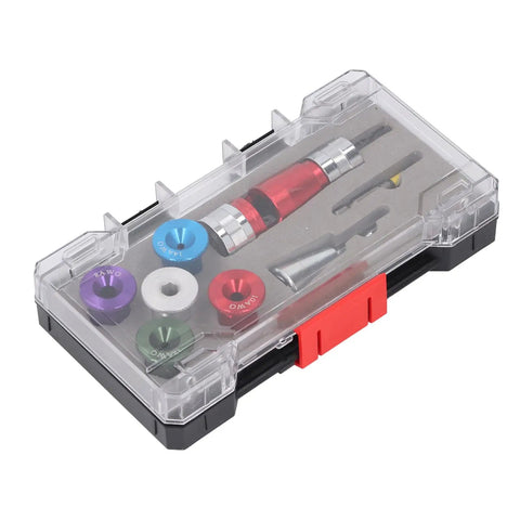 Fabater High Speed Adjustable Electric Wire Stripper Bit Set in clear case with five aluminum heads for solid copper wires.