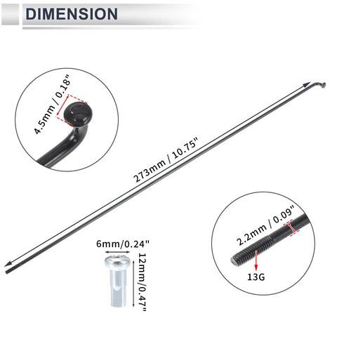 Universal Bike Spoke Set 13G 273mm Black Steel For Wheel Repair Includes 36 Spokes And 36 Nipples dimension details