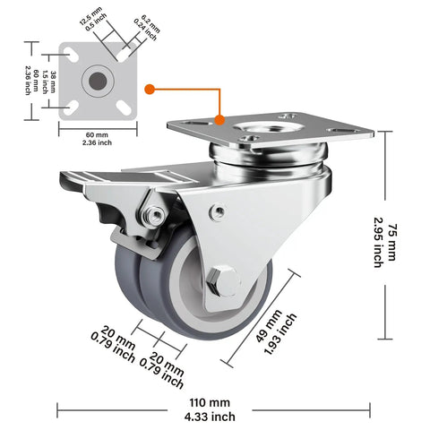 Heavy Duty 2 Inch Double Wheel Casters With Roller Brake 4 Pack smooth rolling swivel caster wheels, dimensioned details.
