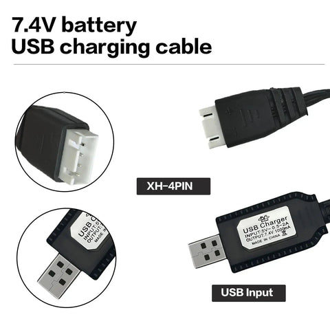 Must Have 7.4V USB Charger Cable With XH-4PIN Plug For RC Cars Planes Tanks Boats And Other Remote Control Toys Universal Battery Charger With Battery Protection And Safe Charging showing XH-4PIN plug and USB input.