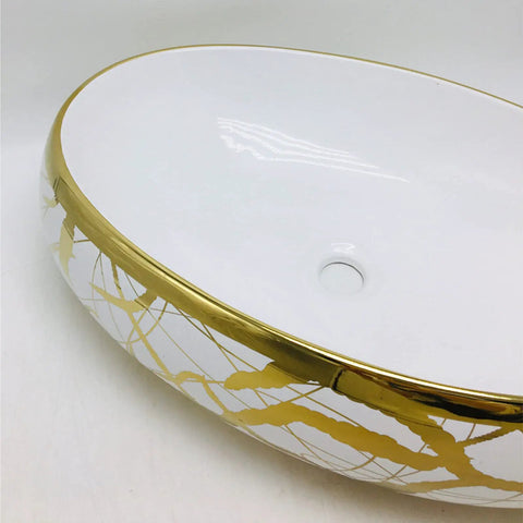 Sleek Gold Ceramic Vessel Sink Oval Bathroom Basin With Luxe Shine For Quick Vanity Upgrades; detailed view of gold accents.