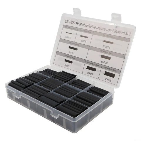 This Awesome 650 Piece Heat Shrink Tubing Kit With 2 To 1 Ratio Delivers Super Secure Wire Wraps That Stick Tight And Won't Slip Even In Hot Or Cold Temps Plus The Massive Assortment Covers All Your Electrical Projects No Matter How Big Or Small They. 650-piece black PE heat shrink tubing kit in storage box, assorted sizes for wiring and cable repair