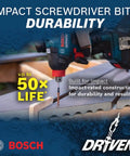 Driven Impact Screwdriving 45-Piece Set in use, showing up to 50x life with Bosch impact rated for durability on wooden surface.