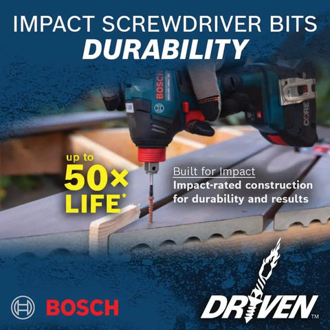 Driven Impact Screwdriving 45-Piece Set in use, showing up to 50x life with Bosch impact rated for durability on wooden surface.