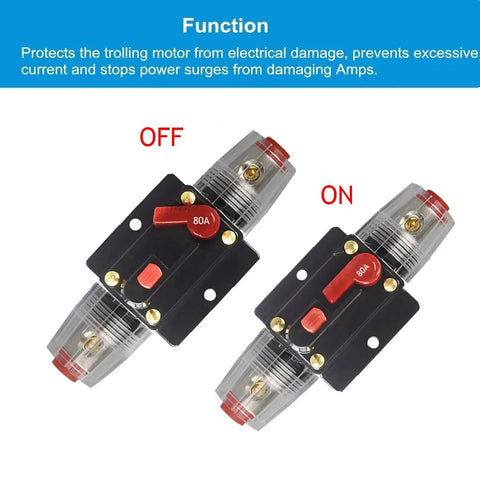 Straight Up Heavy Duty 80A Manual Reset Audio Circuit Breaker With Inline Fuse Holder for Car Marine applications, showing ON and OFF settings.