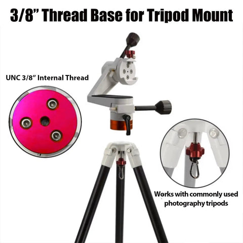 All-Purpose Alt Azimuth Telescope Mount For Tripods With 3/8 Inch Thread showing UNC 3/8 internal thread and tripod compatibility